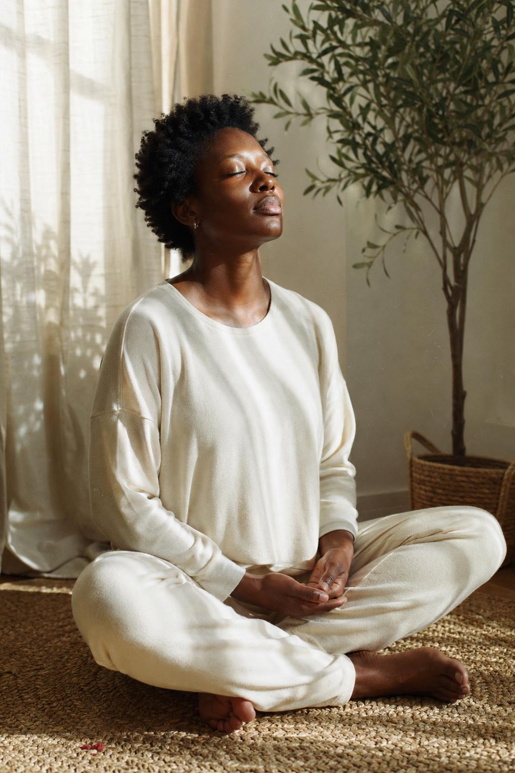 A woman sitting in stillness, eyes closed, in soft morning light